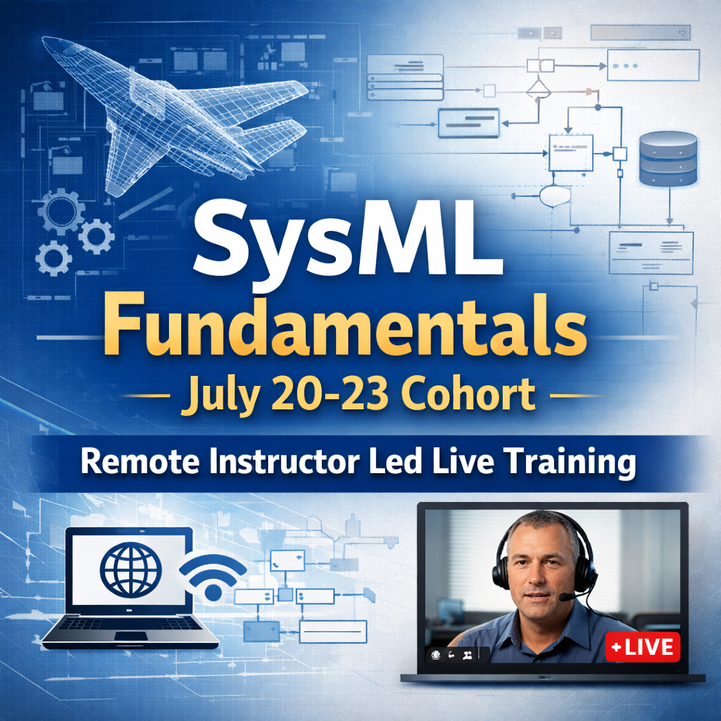 SysML Fundamentals Training – July 20–23 Cohort (Remote Live) SysML Fundamentals July 20–23 cohort remote instructor-led training with aircraft system model graphics and live online instruction