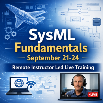 SysML Fundamentals September 21-24 cohort remote instructor-led training with aircraft system model graphics and live online instruction
