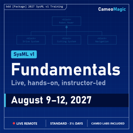 SysML v1 Fundamentals, live remote class, August 9–12, 2027