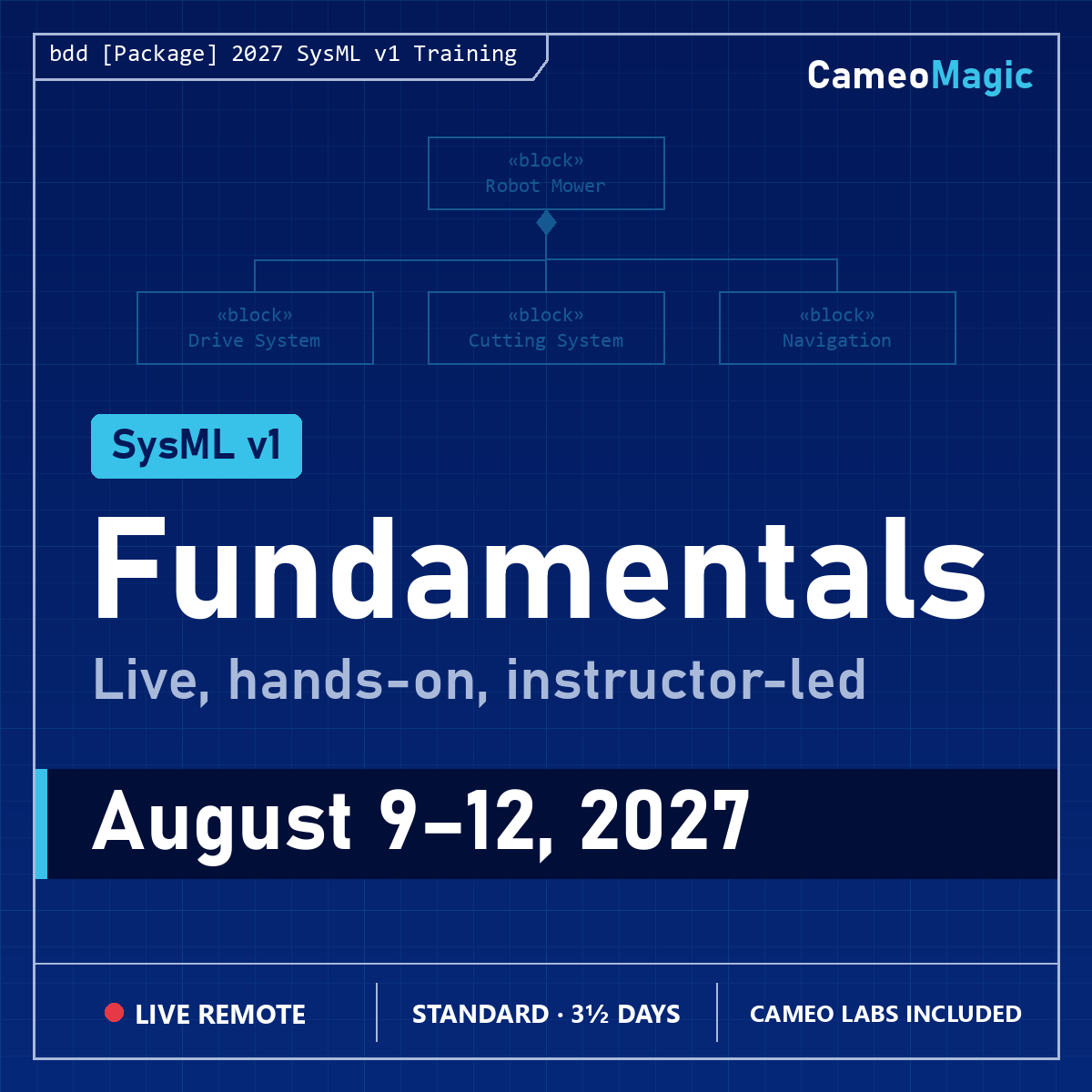 SysML v1 Fundamentals, live remote class, August 9–12, 2027 SysML v1 Fundamentals, live remote class, August 9–12, 2027