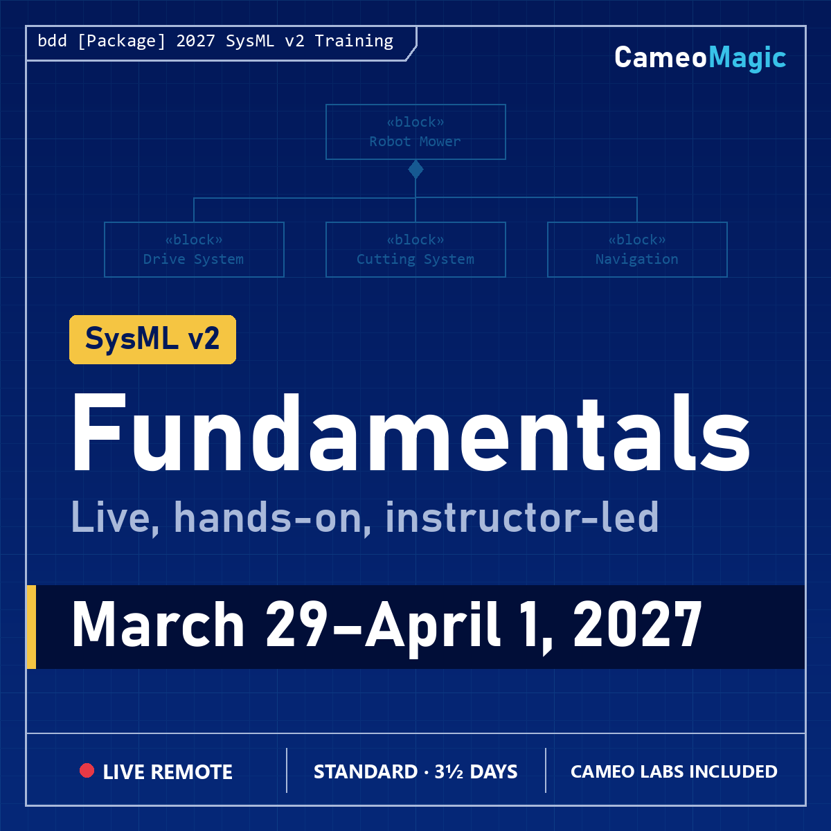 SysML v2 Fundamentals, live remote class, March 29–April 1, 2027 SysML v2 Fundamentals, live remote class, March 29–April 1, 2027